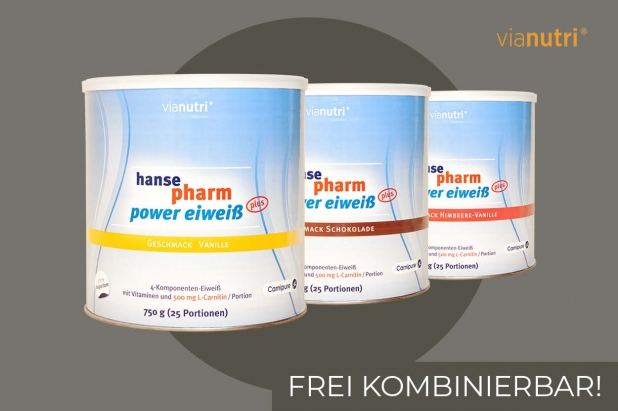 Dreierpack power Eiweiß plus von HansePharm 750 g 25 Portionen Geschmack Himbeere-Vanille, Schoko, Vanille  jetzt online kaufen bei vianutri