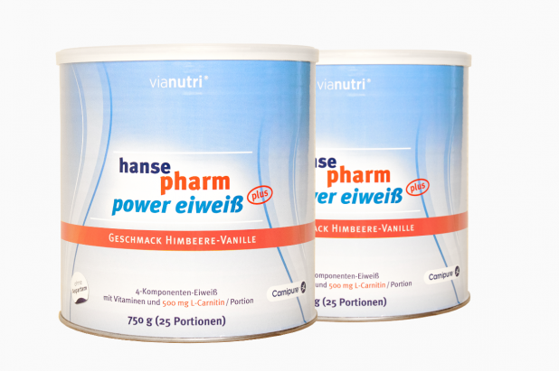 Doppelpack power eiweiß plus von HansePharm 750 g Geschmack Himbeere-Vanille jetzt online kaufen