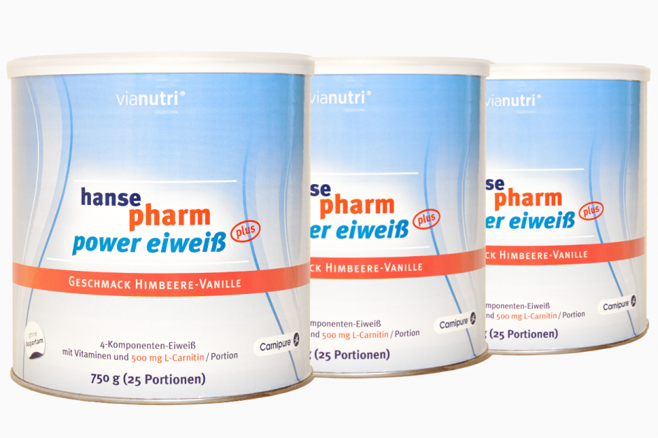 Dreierpack power Eiweiß plus von HansePharm 750 g 25 Portionen Geschmack Himbeere-Vanille jetzt online kaufen bei vianutri