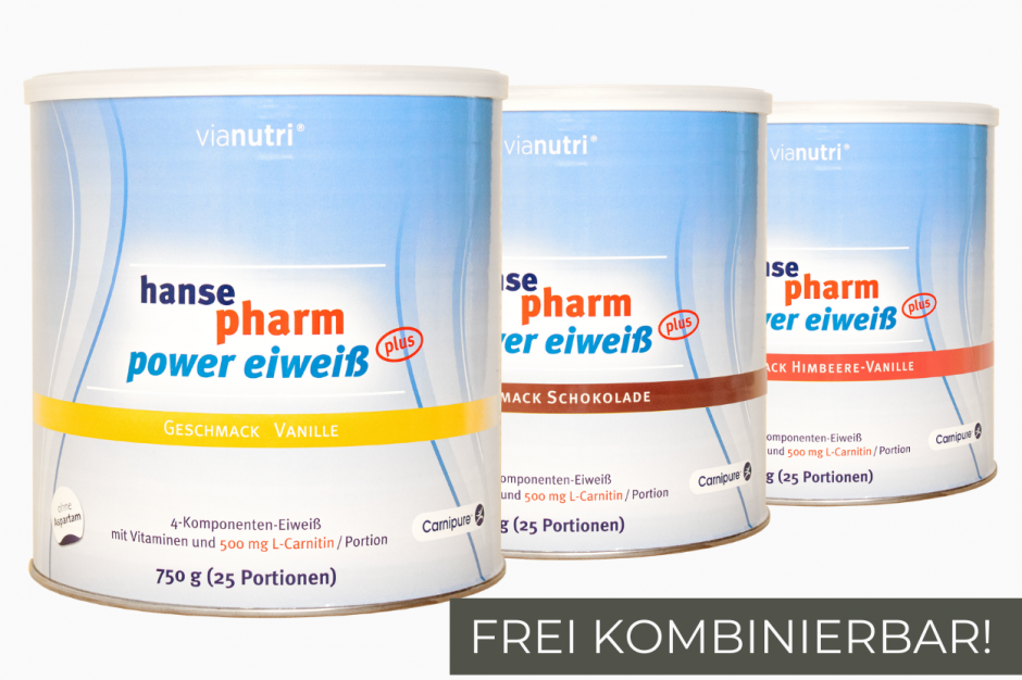 Dreierpack power Eiweiß plus von HansePharm 750 g 25 Portionen Geschmack Himbeere-Vanille, Schoko, Vanille  jetzt online kaufen bei vianutri