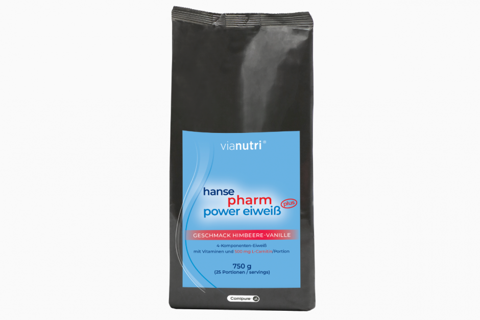 Einzelpack power Eiweiß plus von HansePharm 750 g 25 Portionen Geschmack Himbeere-Vanille jetzt online kaufen bei vianutri