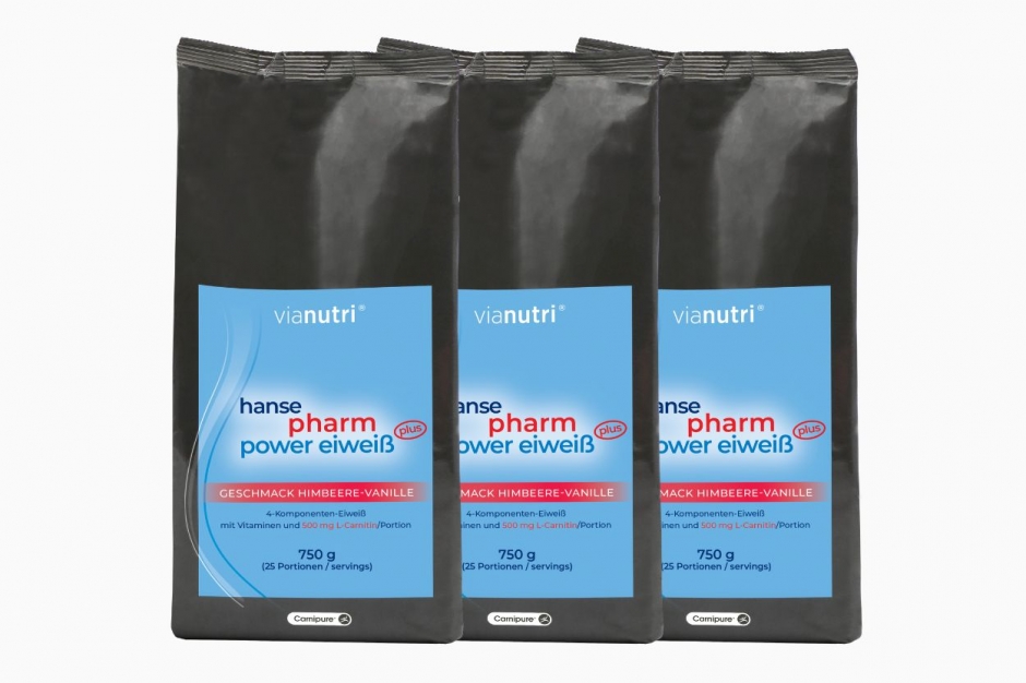 Dreierpack power Eiweiß plus von HansePharm 750 g 25 Portionen Geschmack Himbeere-Vanille jetzt online kaufen bei vianutri