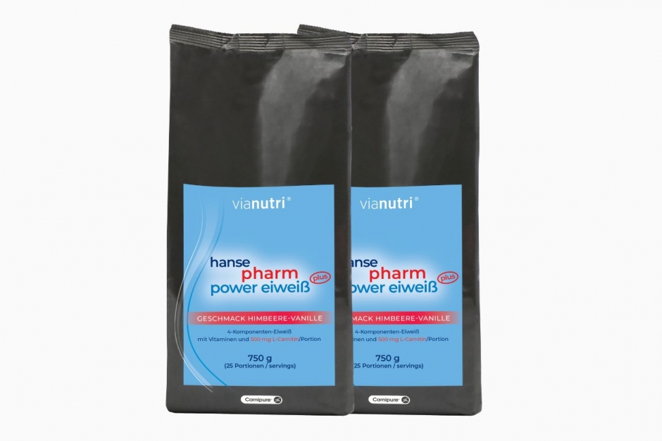 Doppelpack power eiweiß plus von HansePharm 750 g Geschmack Himbeere-Vanille jetzt online kaufen